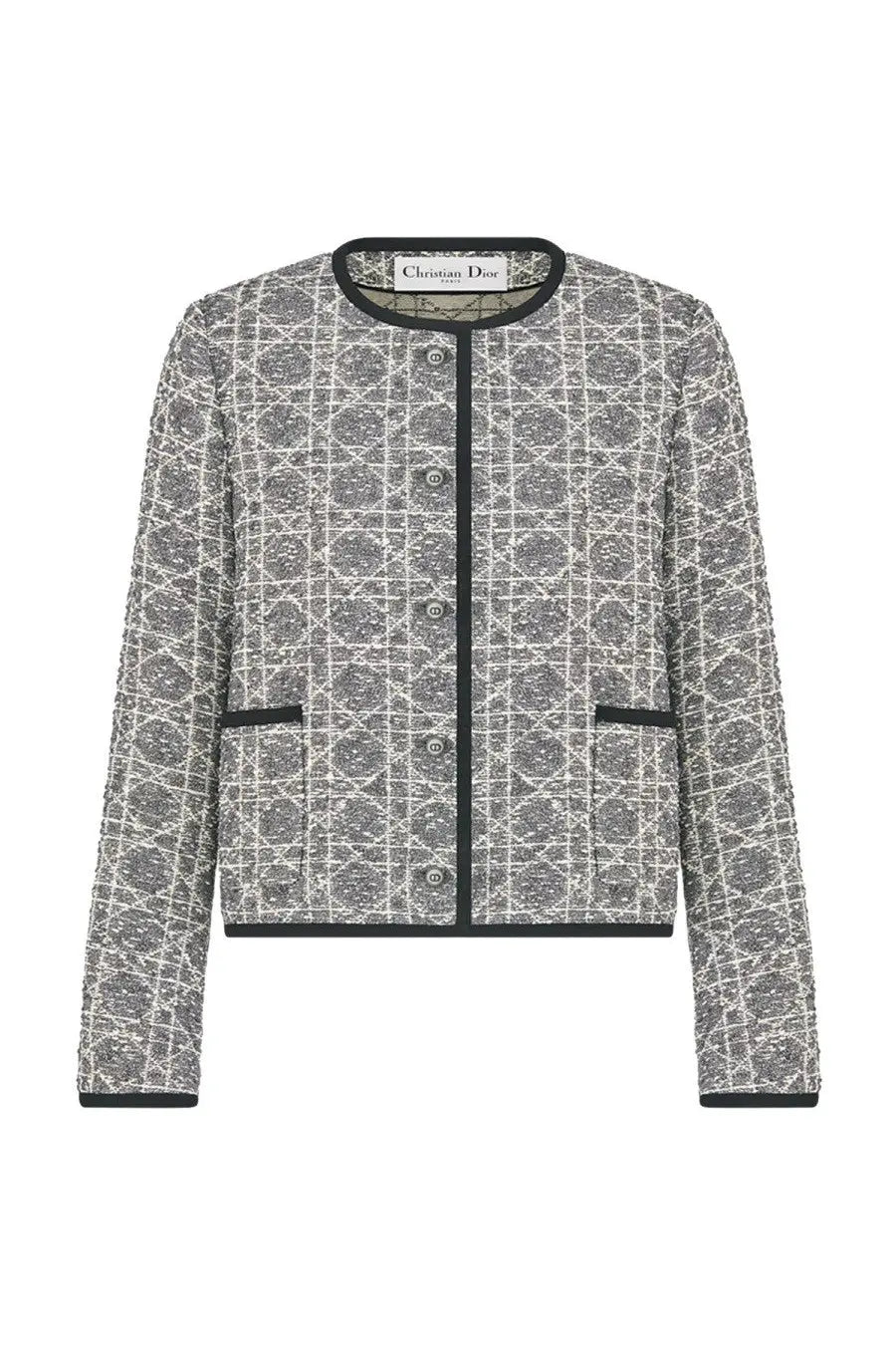 Dior women’s macrocannage jacket in grey black and silver geometric patterned tweed fabric front view