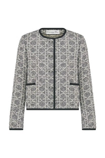 Dior women’s macrocannage jacket in grey black and silver geometric patterned tweed fabric front view