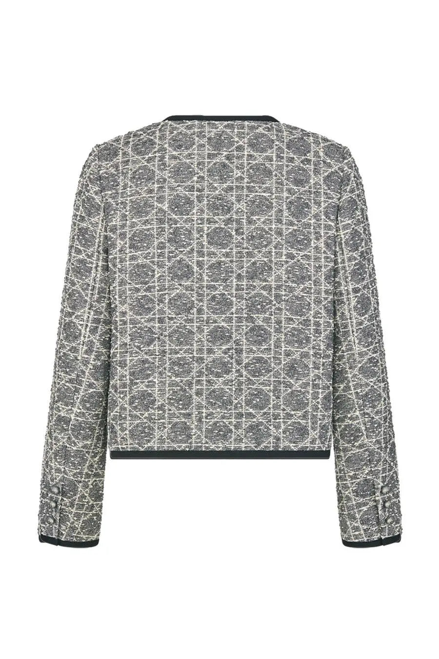 Dior women’s gray and white tweed macrocannage jacket with black trim on neckline hem and cuffs
