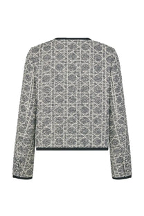 Dior women’s gray and white tweed macrocannage jacket with black trim on neckline hem and cuffs