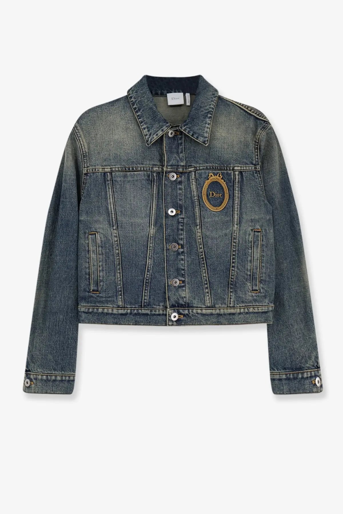 Blue denim dior women’s jacket with gold-toned oval medallion logo patch on the left chest