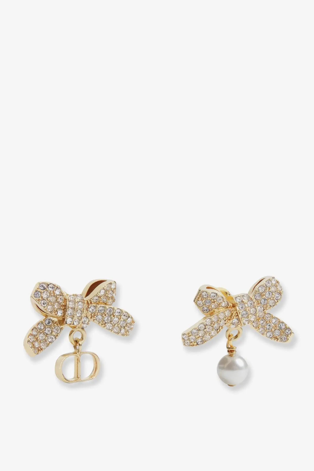 Dior women’s gold metal earrings with bow design, sparkling crystals, and dangling Dior logo charm or pearl detail