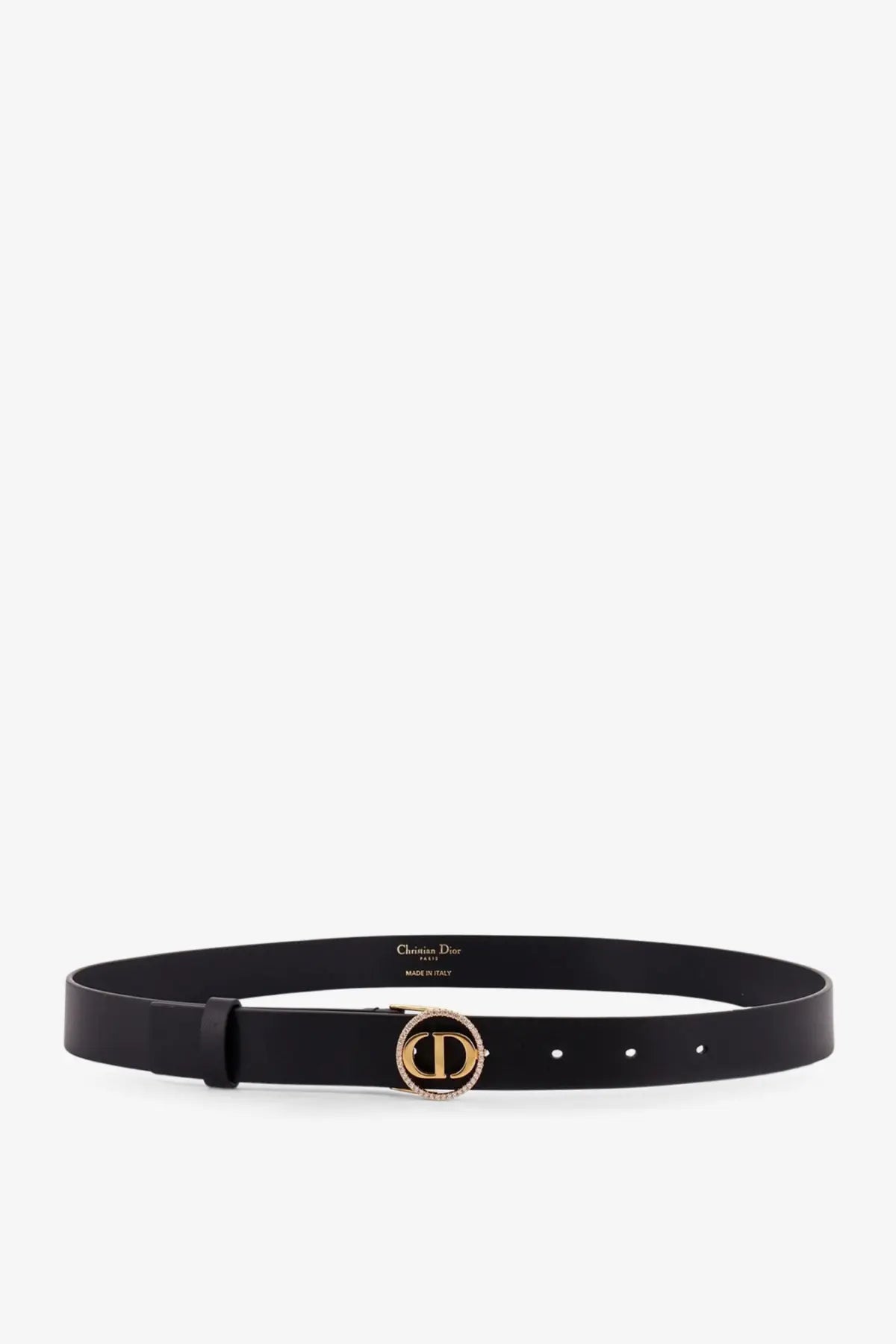 Dior women’s Montaigne black leather belt with gold tone cd logo buckle encrusted with crystals