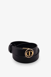 Dior women’s Montaigne black leather belt with gold-tone cd logo buckle encircled by sparkling crystals