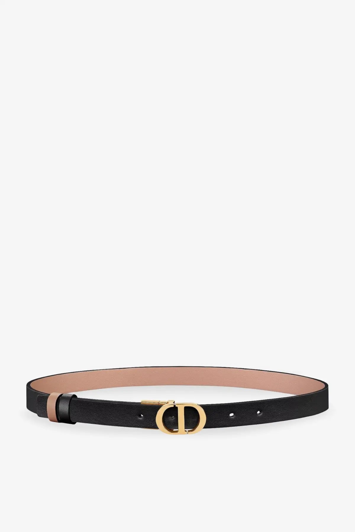 Dior women’s Montaigne reversible leather belt in black with gold-tone d-logo buckle and tan inner lining