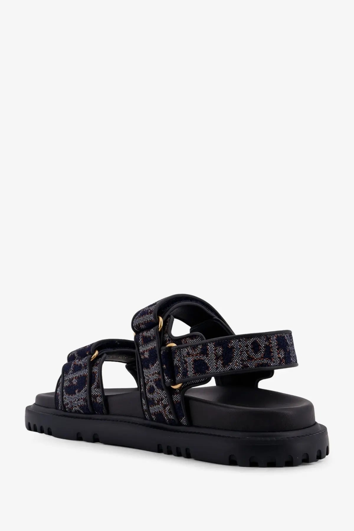 Black platform sandal with patterned fabric strap and gold-tone hardware from Dior women’s Dior Oblique Denim collection