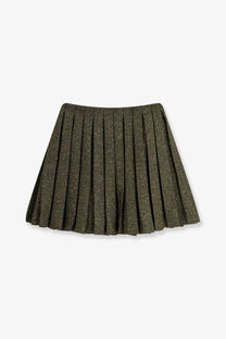 Dior women’s pleated mini skirt in shimmering olive green with textured glittery fabric for stylish wear