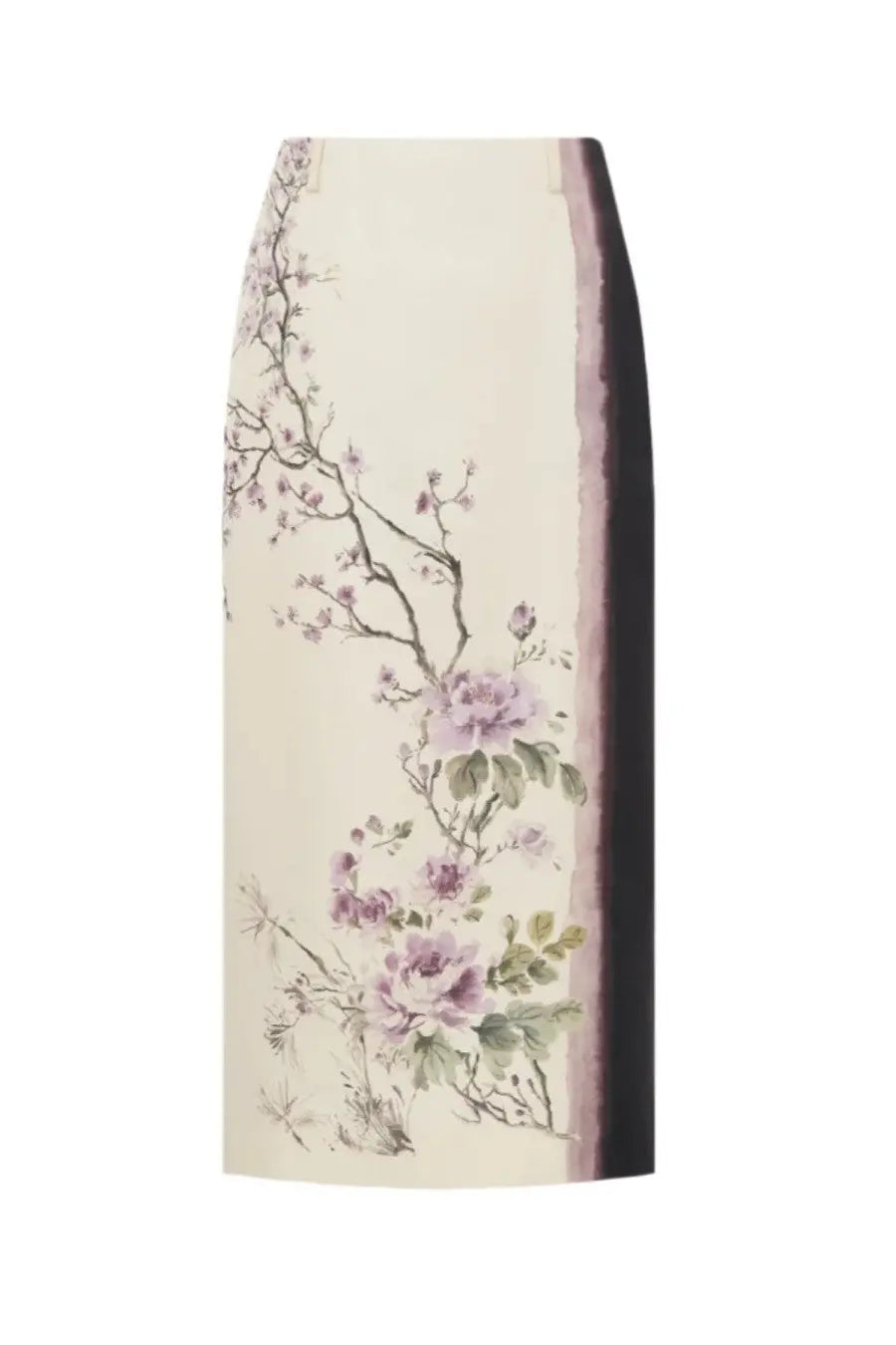 Dior women’s cream-colored printed midi skirt with watercolor floral pattern and dark purple vertical stripe on the side