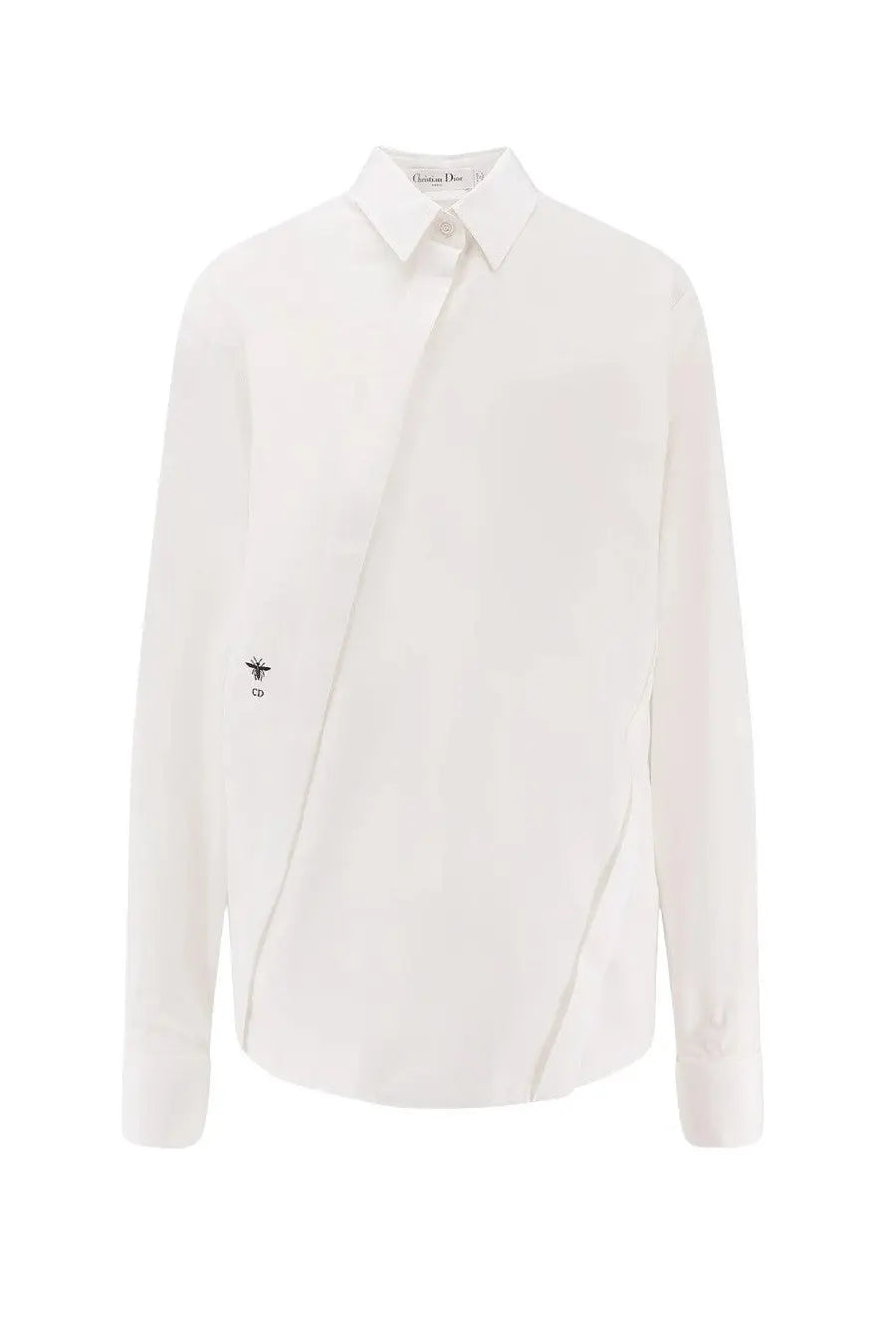 Dior women’s white shirt with sleek asymmetrical design and subtle black embroidered Christian Dior logo on left sleeve