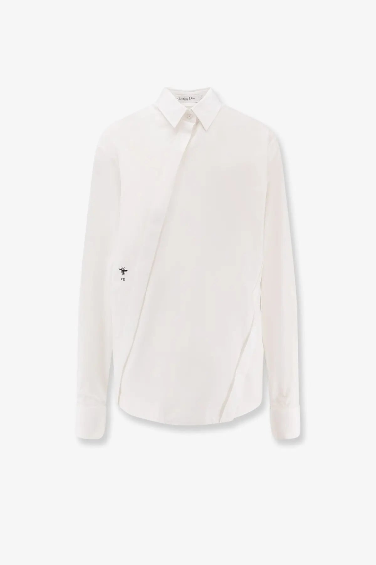 Dior women’s white shirt with asymmetrical design and subtle black embroidery on the left sleeve
