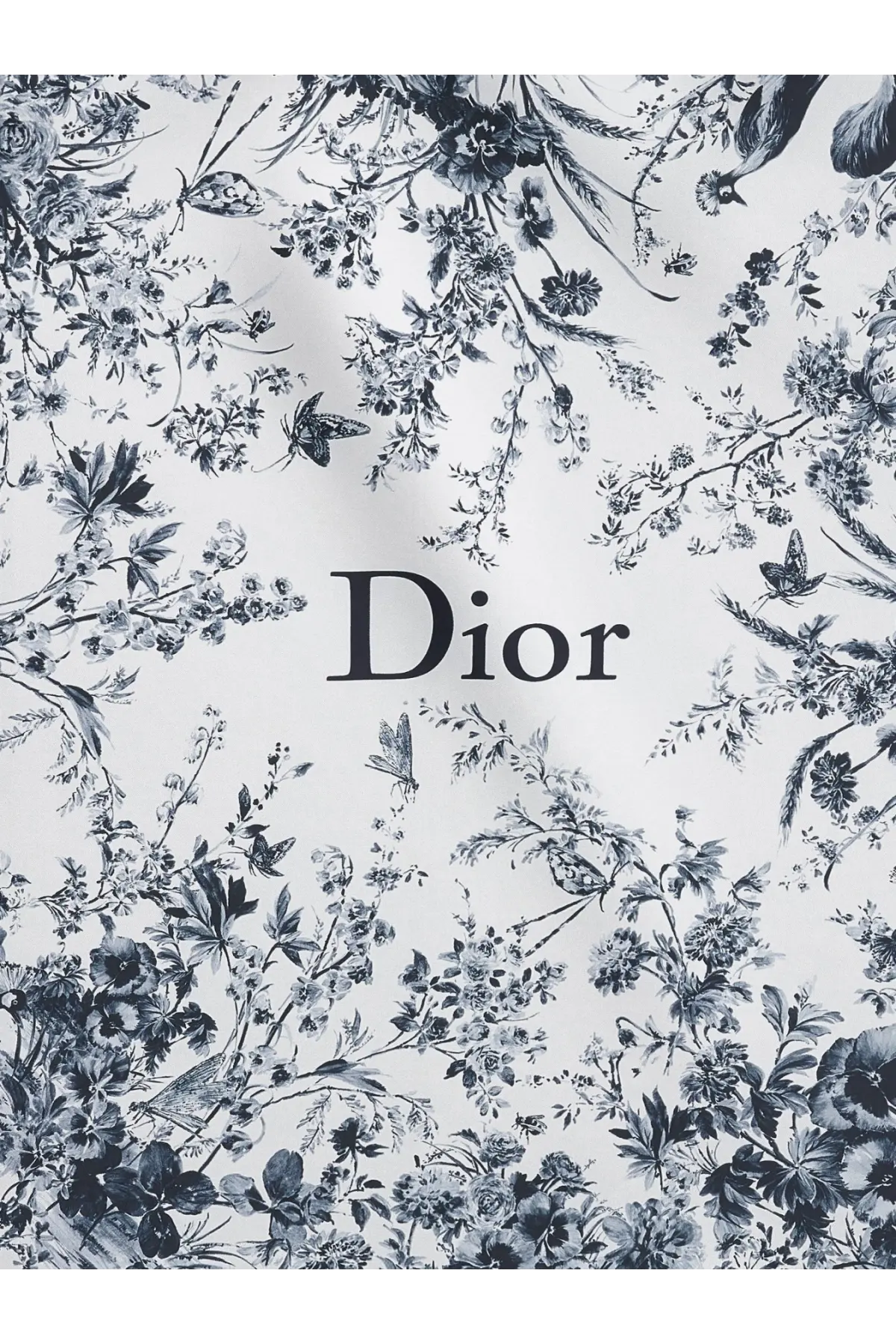 Dior women’s silk foulard blue scarf with intricate black and white floral pattern and delicate butterflies