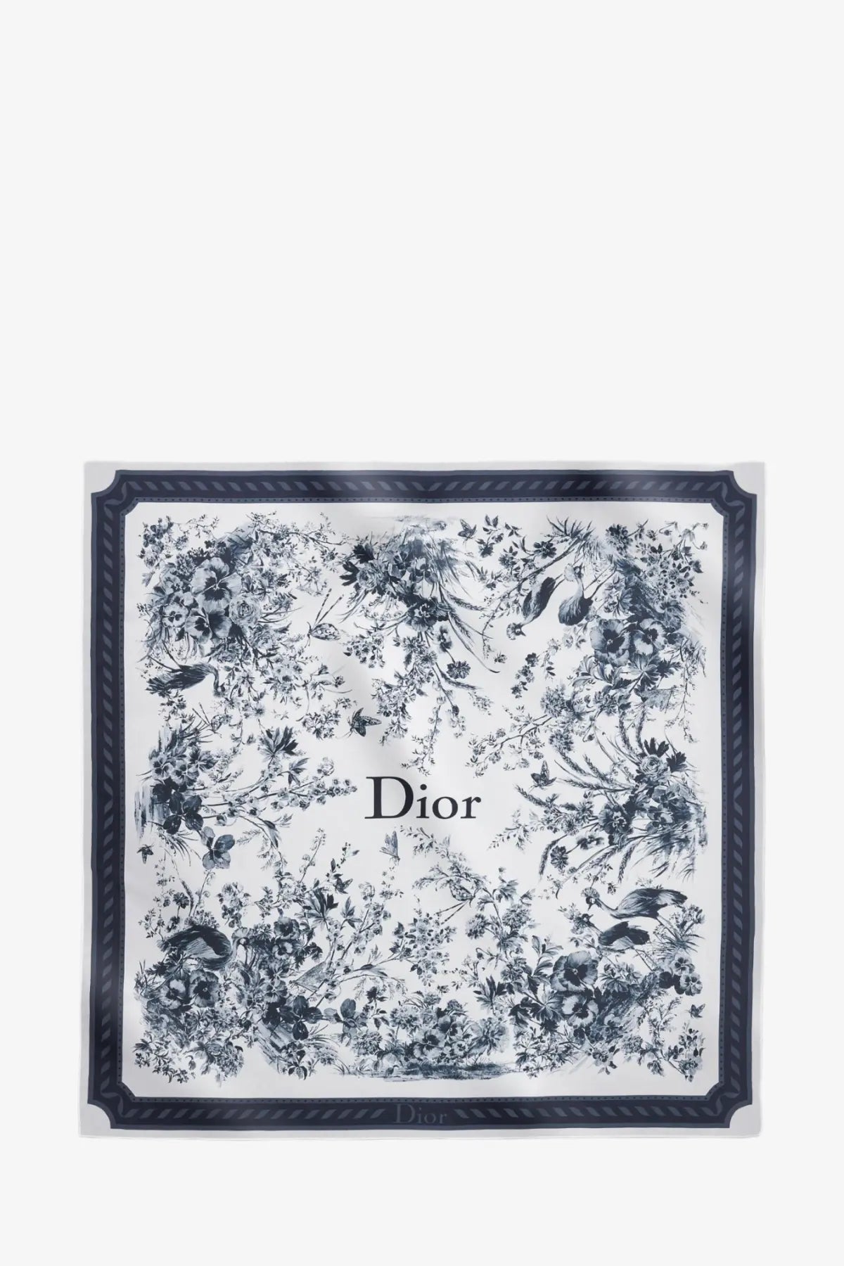 Dior women’s white silk foulard with black botanical and bird print and navy blue bordered edge