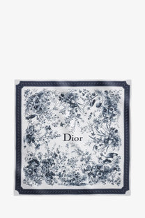 Dior women’s white silk foulard with black botanical and bird print and navy blue bordered edge