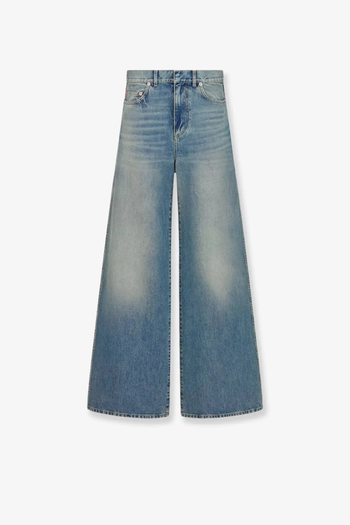 Dior women’s stone washed jeans blue light-wash denim wide-leg high-rise fit with classic five-pocket design