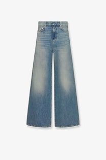 Dior women’s stone washed jeans blue light-wash denim wide-leg high-rise fit with classic five-pocket design