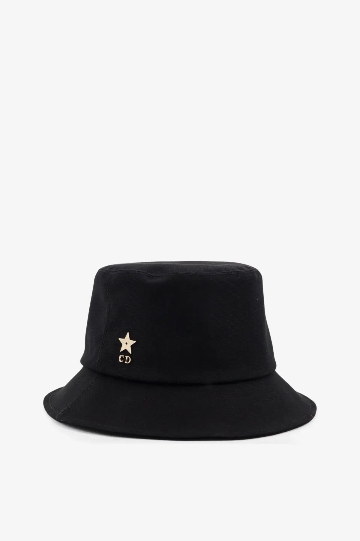 Dior women’s teddy cotton bucket hat in black with a gold star and cd embroidered on the front