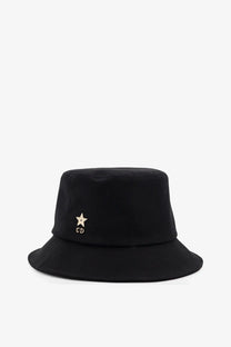 Dior women’s teddy cotton bucket hat in black with a gold star and cd embroidered on the front