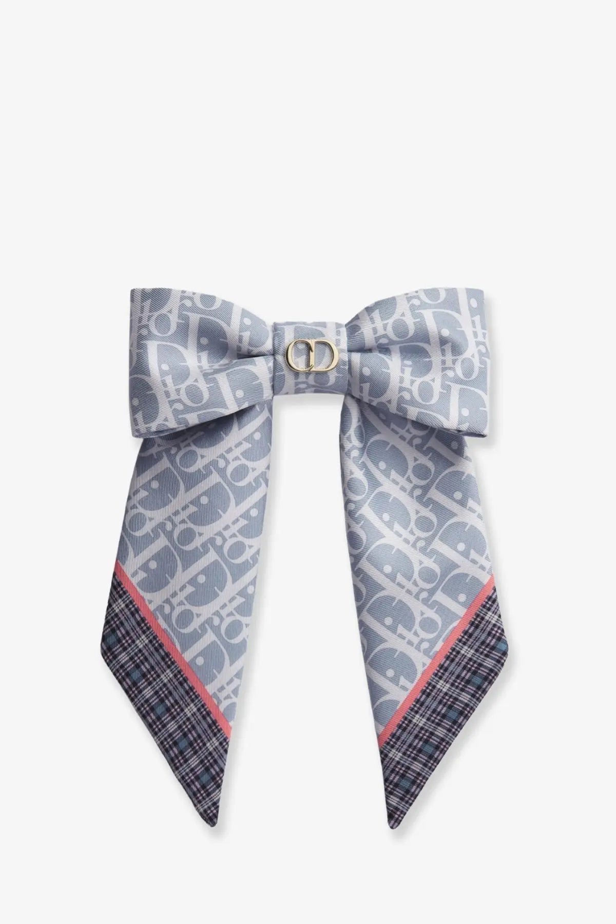 Gray dior bow tie scarf with repeating monogram pattern and plaid trim paired with dior twist infini tartan silk hair clip blue