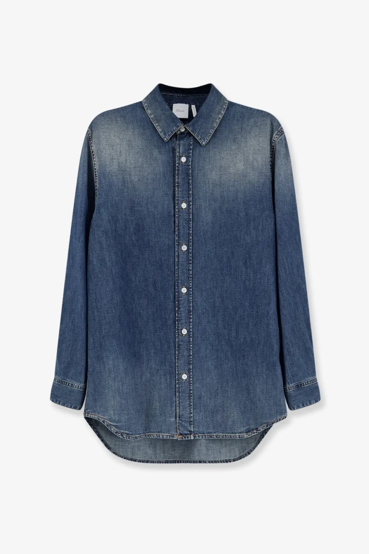 Dior women’s vintage denim shirt blue long sleeve button-up with collar and subtle fading for a worn-in look
