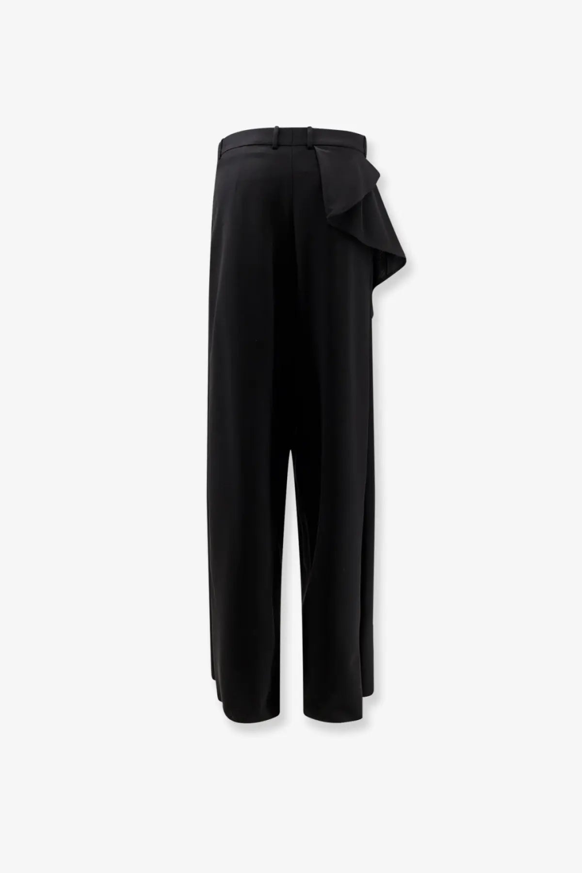 Dior women’s black virgin wool wide-leg trousers with satin belt and asymmetrical ruffle detail at the waist