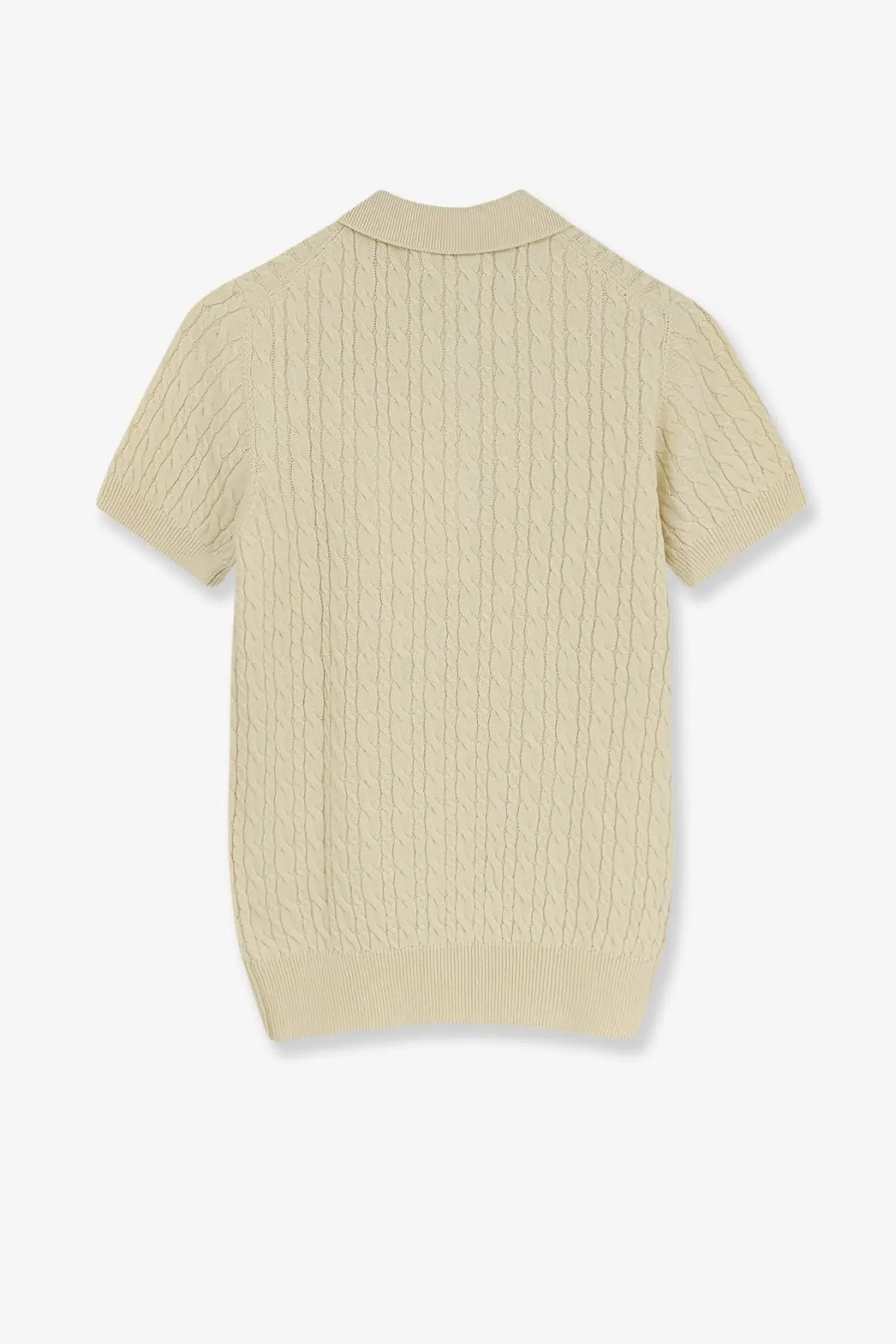 Beige cable-knit short-sleeved polo shirt with ribbed collar and cuffs in wool and cotton blend by Dior women’s sweater yellow