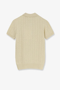 Beige cable-knit short-sleeved polo shirt with ribbed collar and cuffs in wool and cotton blend by Dior women’s yellow sweater