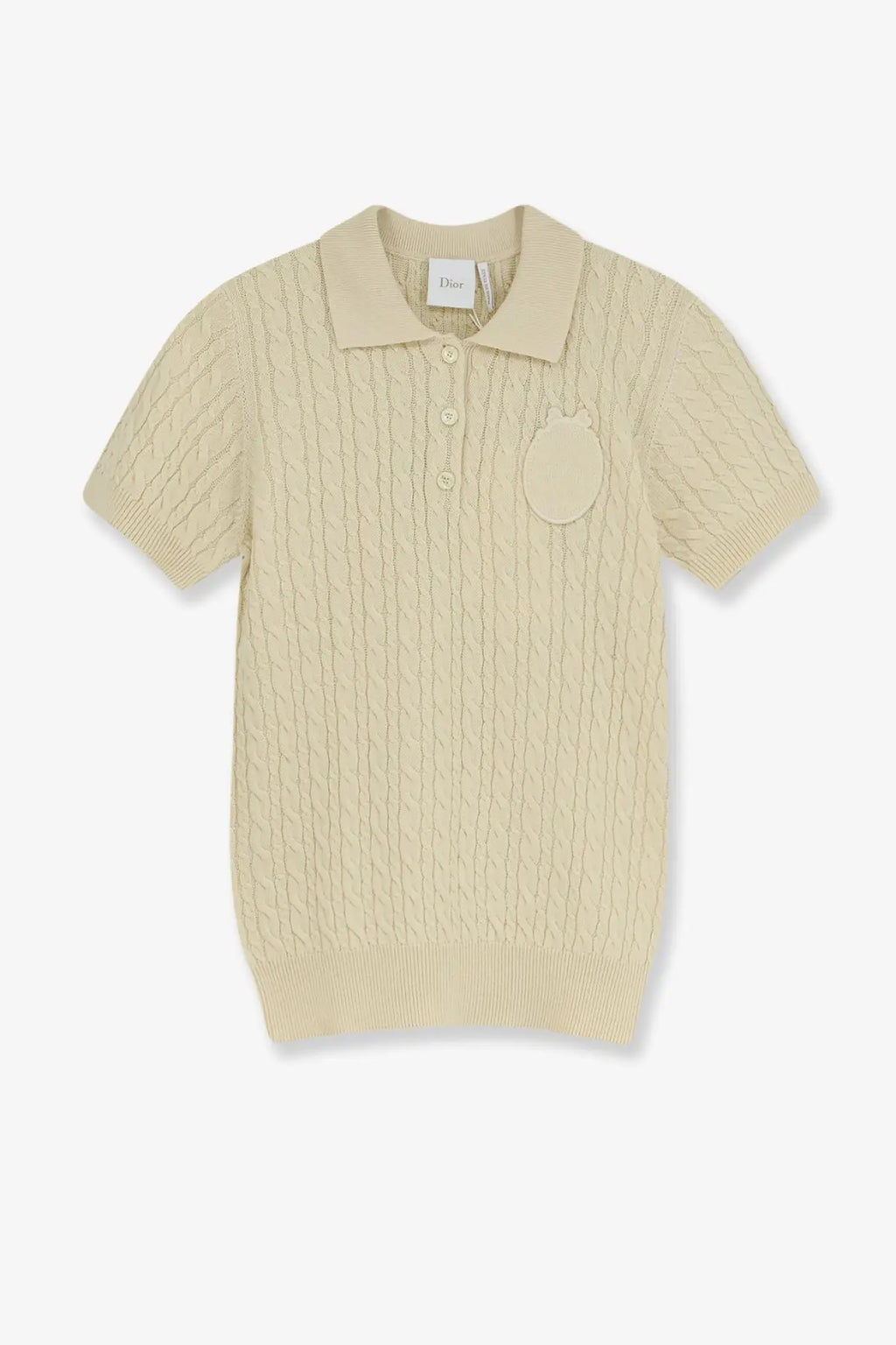 Beige dior knitted polo shirt with cable knit pattern and embroidered apple patch made of wool and cotton blend