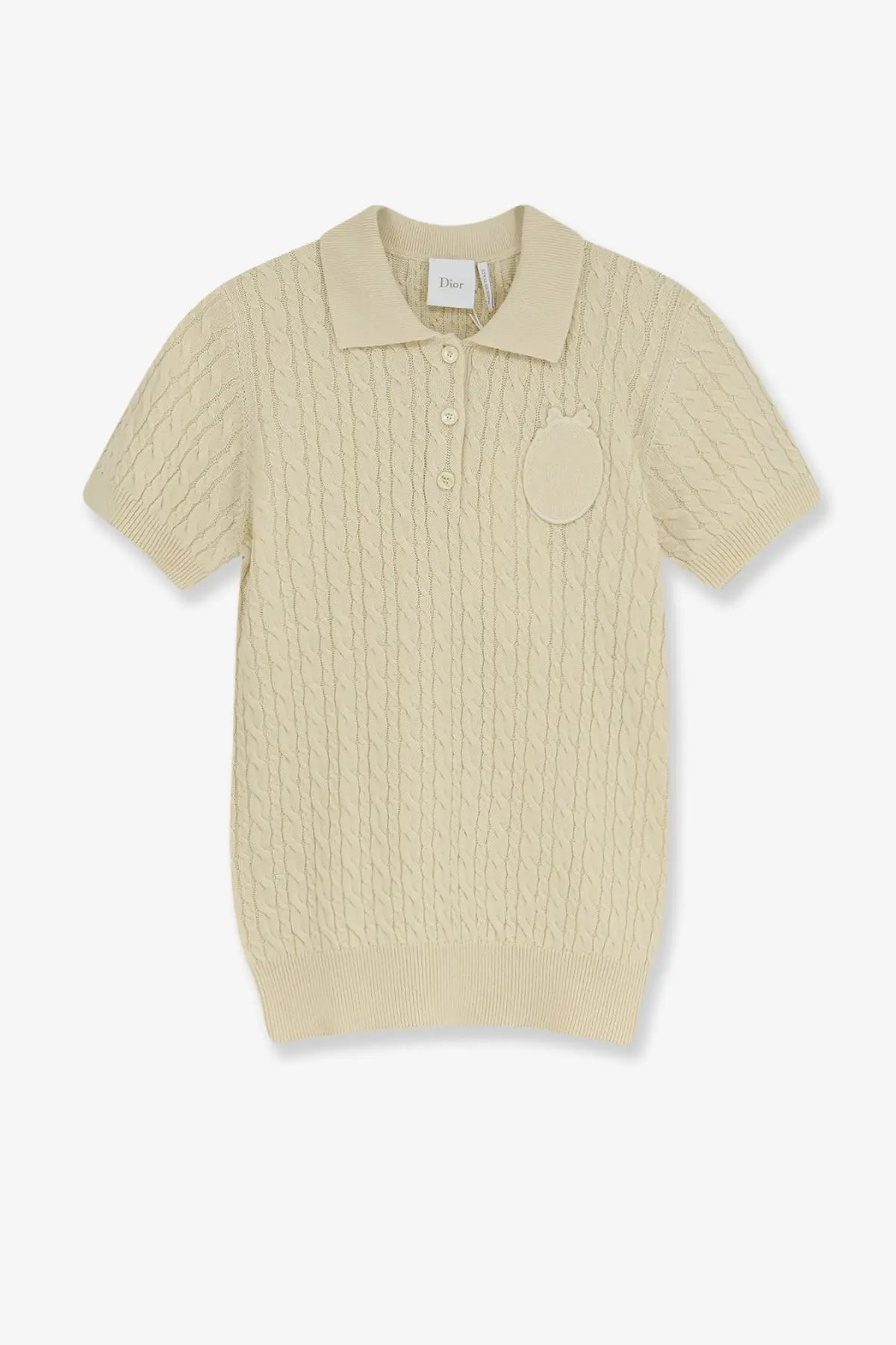 Beige dior knitted polo shirt with cable knit pattern and embroidered apple patch made of wool and cotton blend