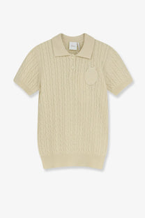 Beige dior knitted polo shirt with cable knit pattern and embroidered apple patch made of wool and cotton blend