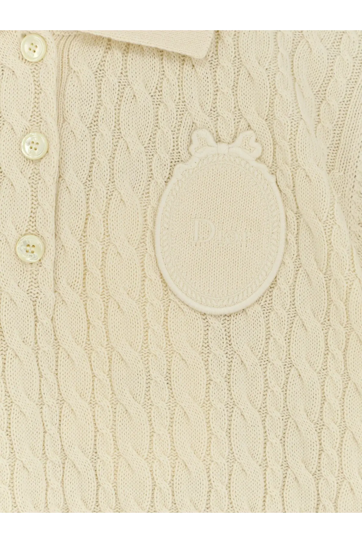 Dior women’s cream cable-knit wool and cotton blend polo shirt with white buttons and embroidered logo patch