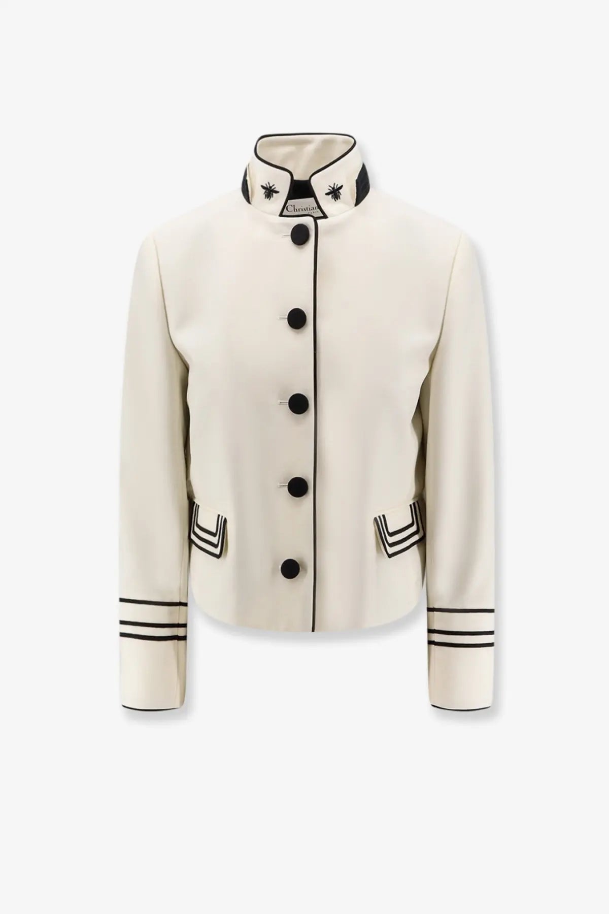 Dior women’s cream wool and mohair blazer with black buttons embroidered bee collar and striped cuff pockets detailing