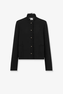 Dior women’s black wool and silk cropped jacket with lace-trimmed collar and decorative buttons