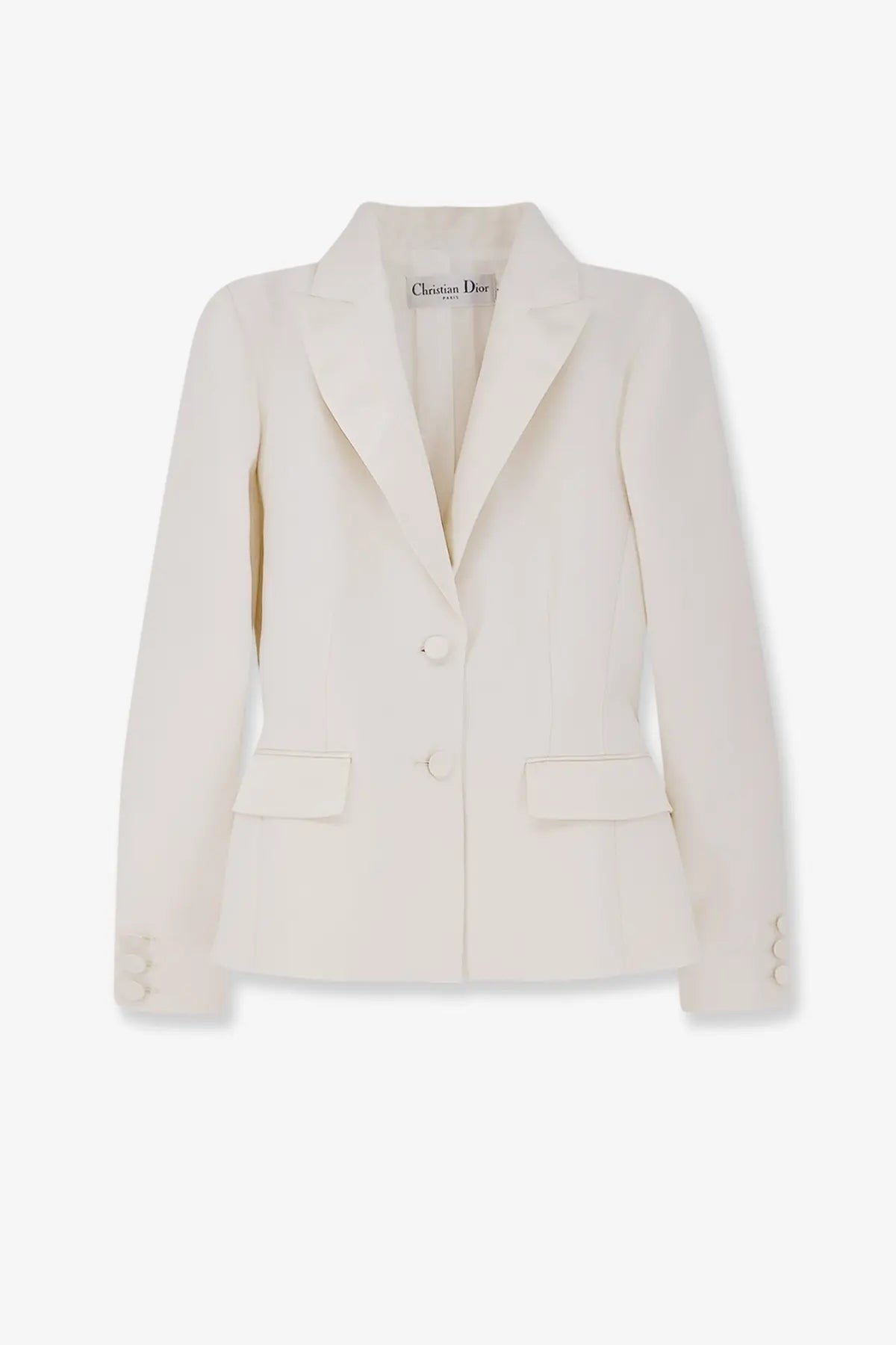 Cream-colored Dior women’s wool and silk blend blazer with tailored fit and classic double-breasted design
