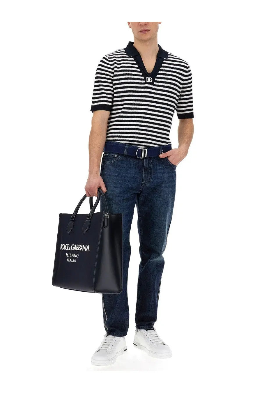 Black leather tote bag with white dolce and gabbana milano italia lettering for men by dolce and gabbana