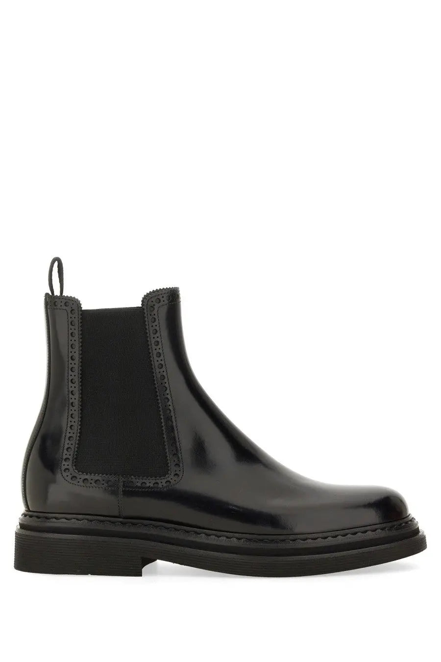 Dolce &amp; Gabbana mens black patent leather Chelsea boot with brogue detail
