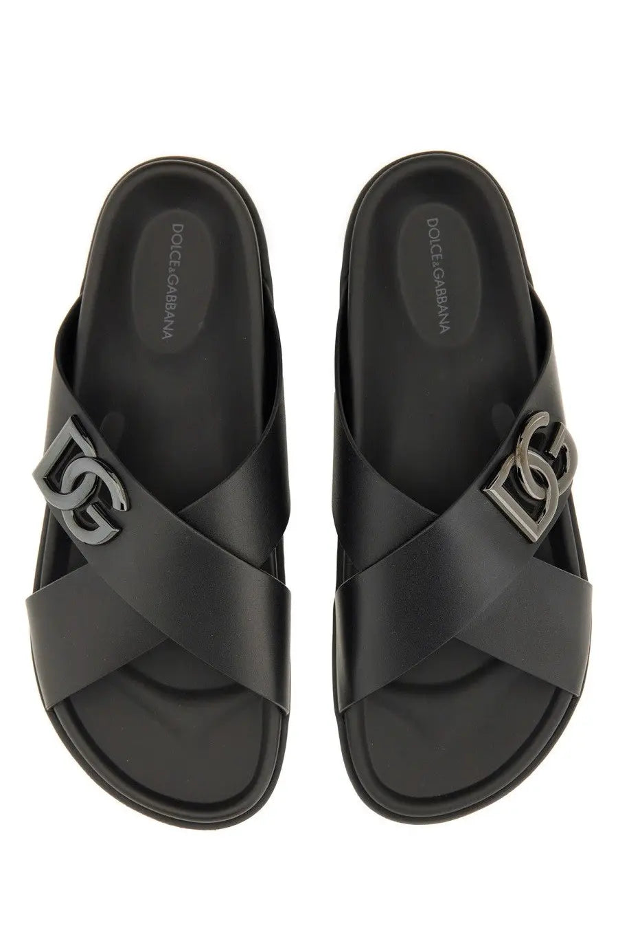 Dolce &amp; Gabbana men’s black calfskin slide sandals with metallic DG logo clasp on the upper strap