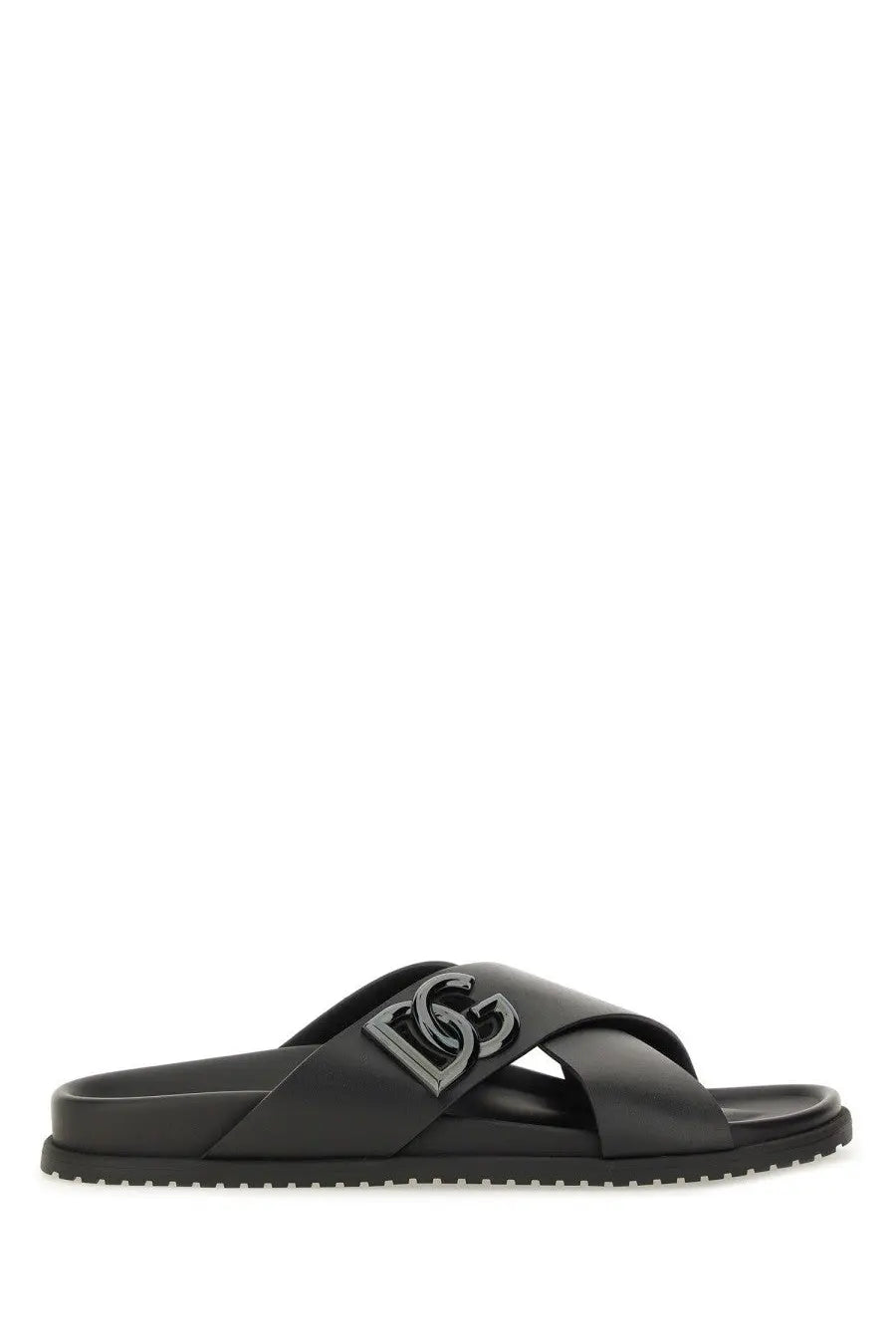 Dolce &amp; Gabbana men’s black calfskin slide sandal with metallic dg logo buckle on top