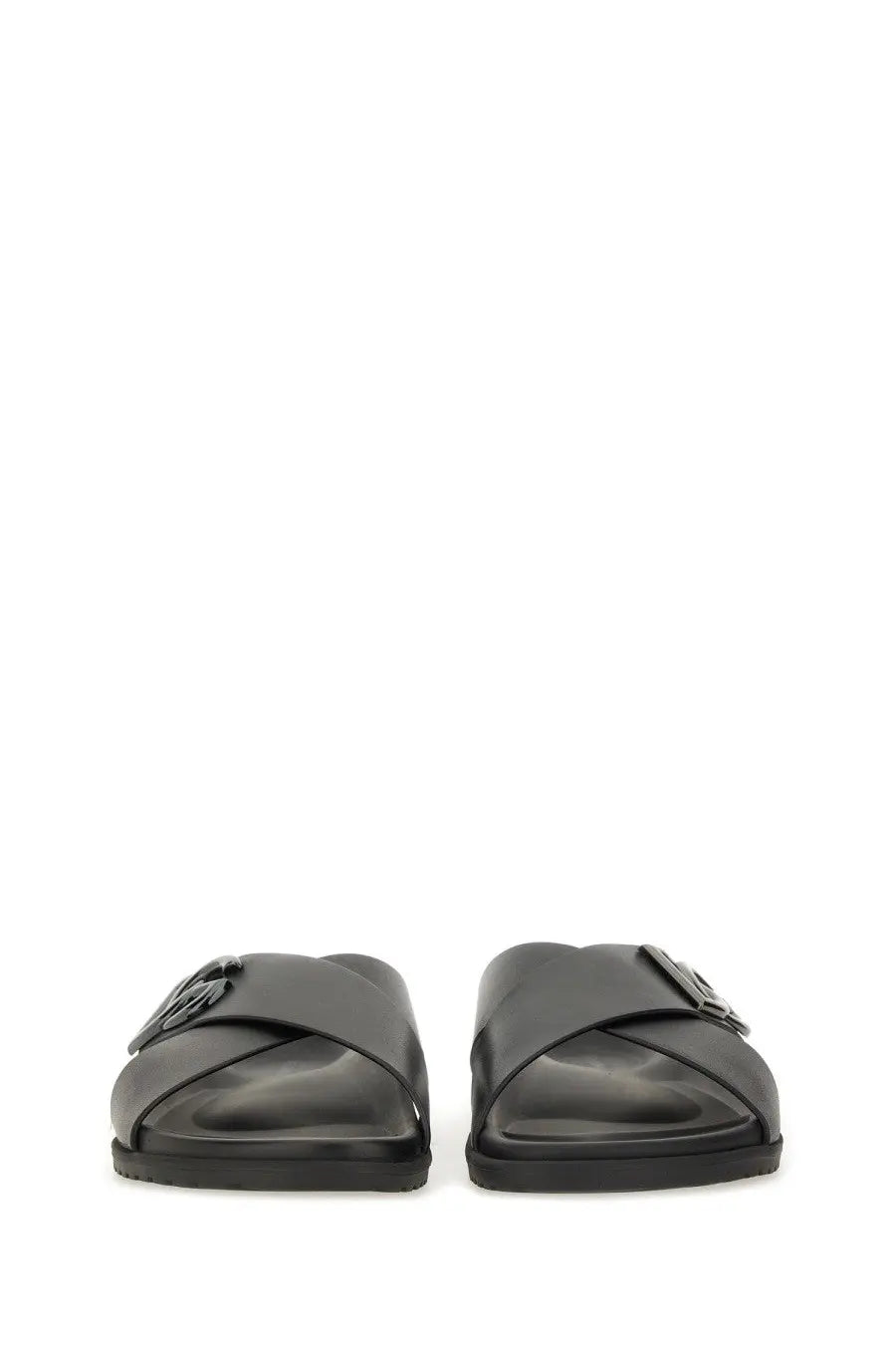 Dolce &amp; gabbana men’s calfskin black leather slide sandals with cross-strap design and metallic buckle accents