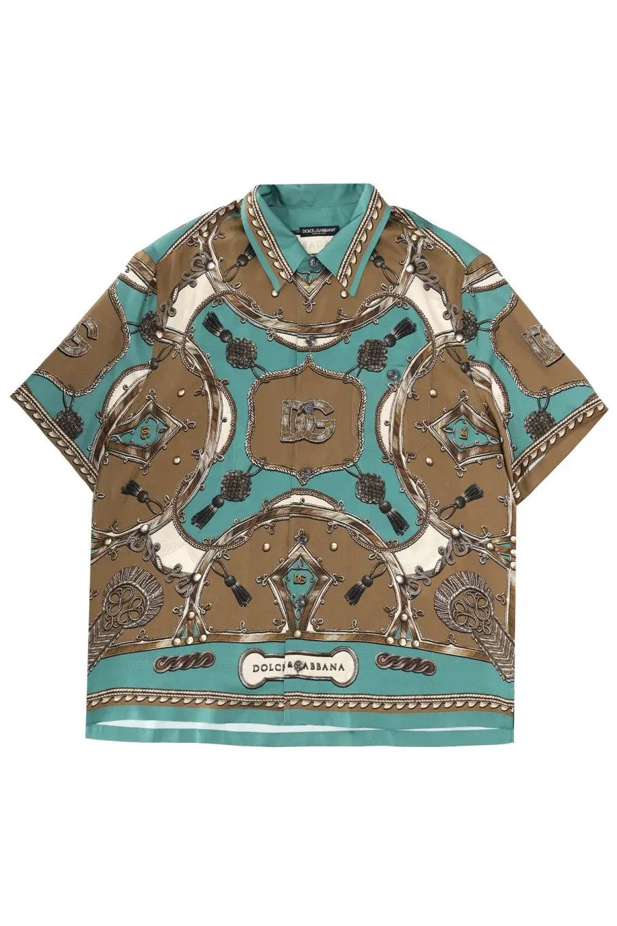 Dolce &amp; Gabbana men’s camicia Hawaii multicolor short-sleeved shirt with bold teal and brown ornate pattern and metallic accents