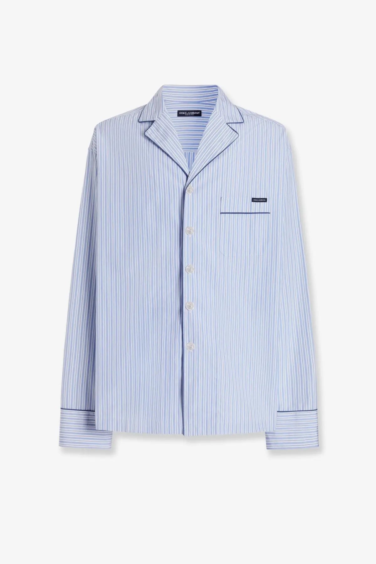Dolce &amp; Gabbana men’s light blue and white striped cotton silk pajama shirt with navy trim and button-up front