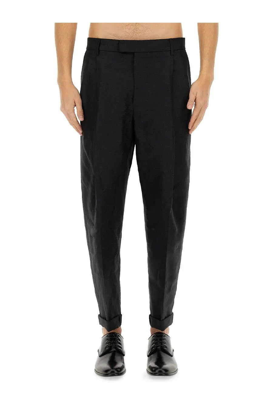 Dolce &amp; Gabbana men’s black canvas pants with sleek straight-leg cut and rolled cuffs