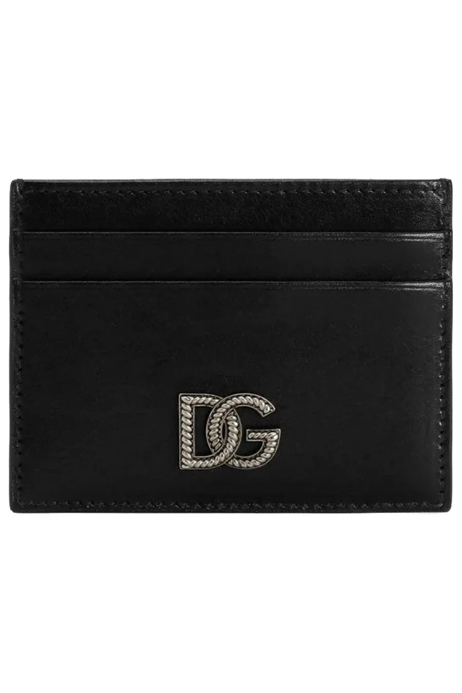 Dolce &amp; Gabbana men’s black leather card holder with silver-toned dg logo and rope-like detailing