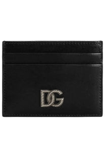Dolce &amp; Gabbana men’s black leather card holder with silver-toned dg logo and rope-like detailing