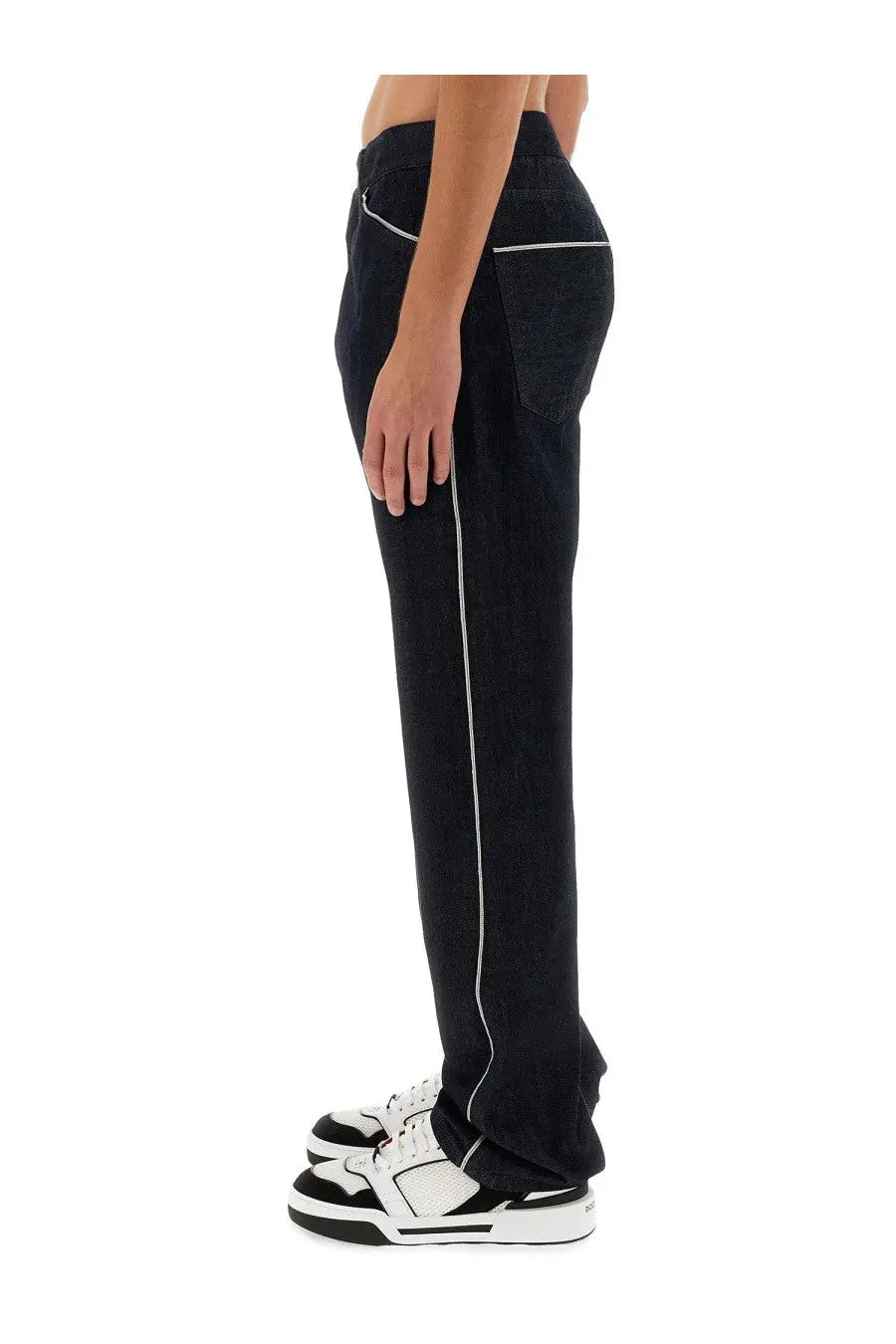 Dolce &amp; Gabbana men’s cimosed jeans blue black denim pants with white stitching along side seams and pocket edges