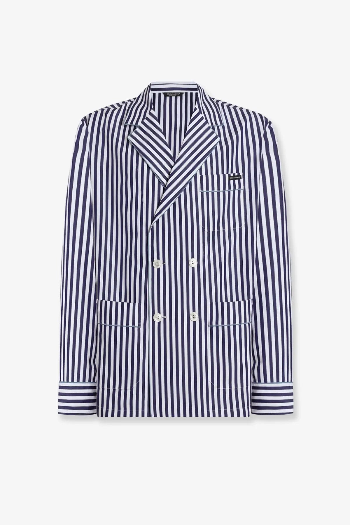 Dolce &amp; Gabbana men’s cotton blazer with navy and white vertical stripes double-breasted with flap pockets
