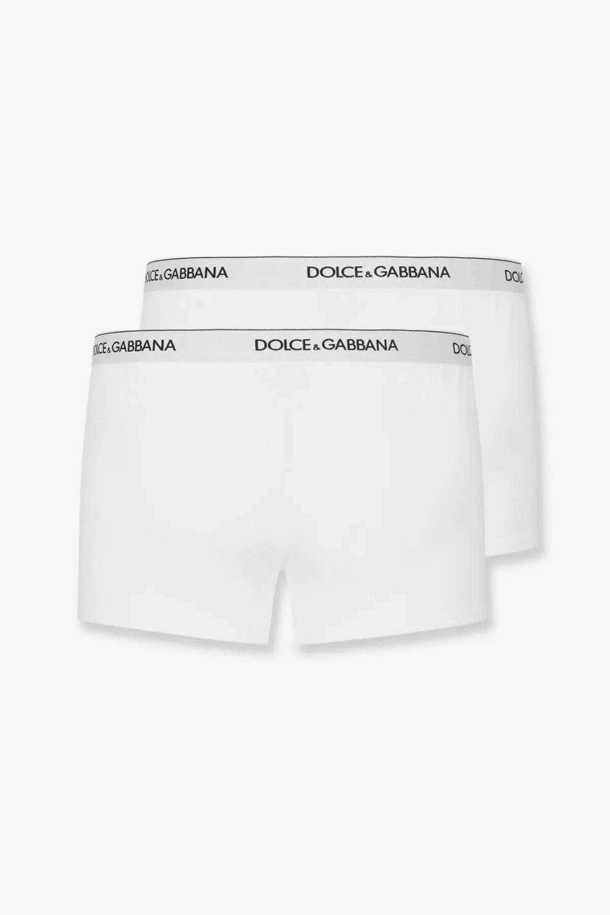 Dolce &amp; Gabbana men’s white cotton boxer briefs with gray waistband featuring black logo text