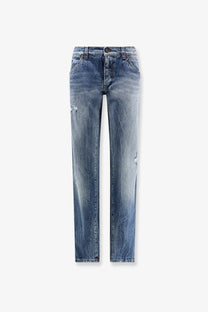 Dolce &amp; Gabbana men’s cotton blue denim jeans with faded wash and subtle distressing details