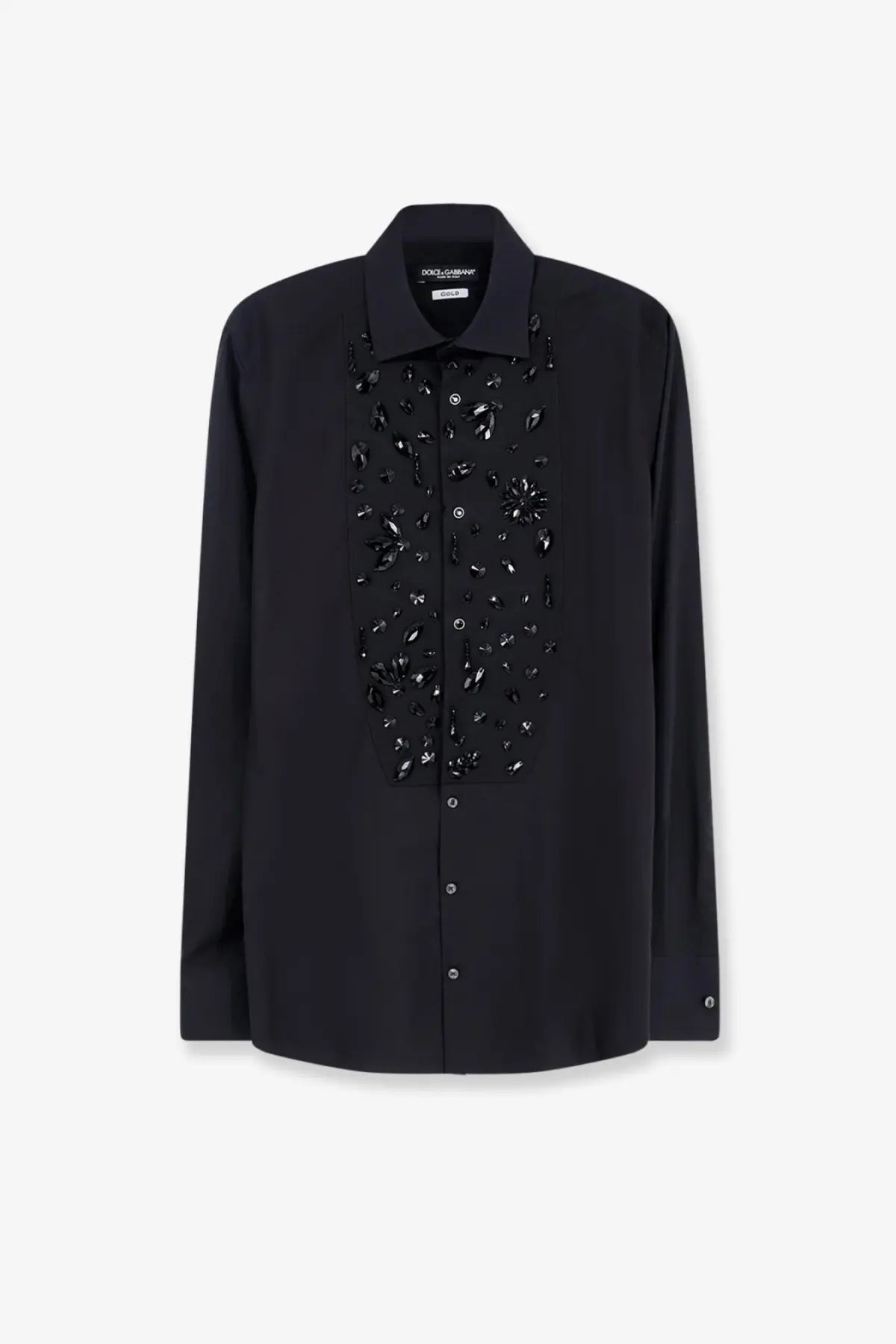 Dolce &amp; Gabbana men’s black cotton shirt with front panel featuring sparkling black crystal embellishments