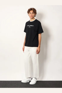 Dolce &amp; Gabbana men’s black cotton t-shirt with white milan lettering and contrasting white crew neck collar