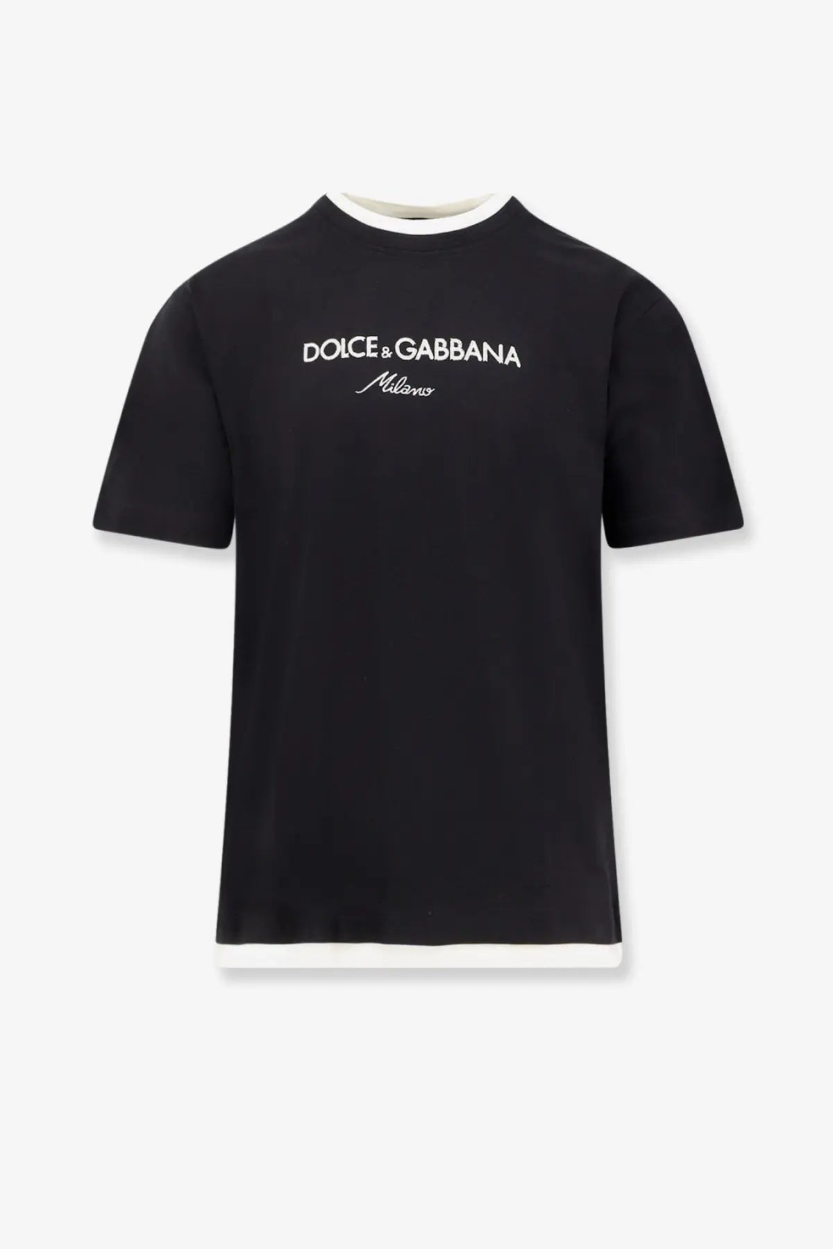 Black dolce &amp; gabbana men’s cotton t-shirt with white collar and hem trim and minimalist white logo print